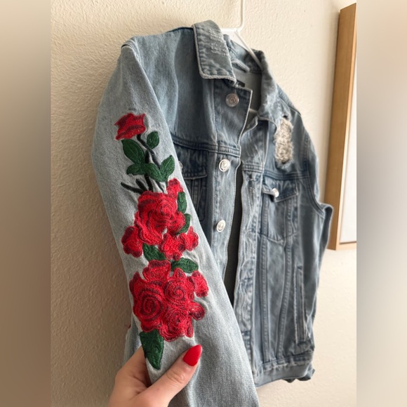 PacSun Jackets & Blazers - PacSun Light Blue Jean Jacket with Floral Embroidery